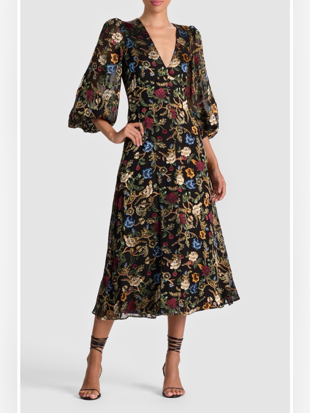 Alice + Olivia Black Midi Dress with Multicolor Floral Embroidery